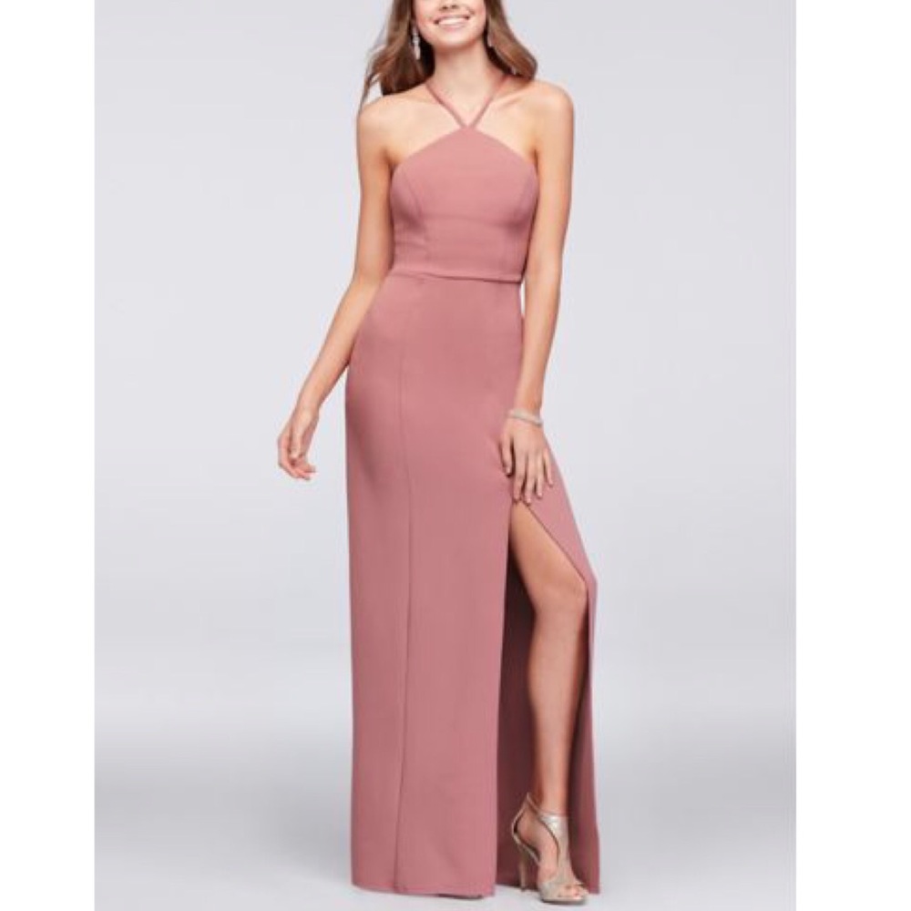 Speechless Stretch Crepe Sheath Gown Strappy Back